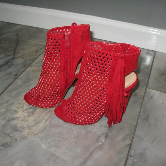 JUST Fab Red Faux Suede Fringe High Heel Open Toe Ankle Boots Size 7.5 - Picture 3 of 6